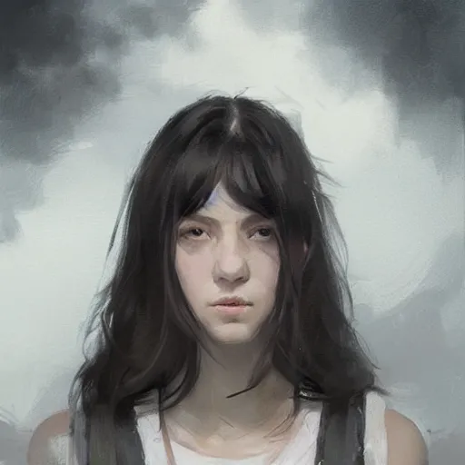 Image similar to portrait of a girl by greg rutkowski, she is about 2 0 years old, mixture between russian and japanese, prettt, black bob hair with two strands around her face, wearing a tank top and a oversized jumper overall, highly detailed portrait, digital painting, artstation, concept art, smooth, sharp foccus ilustration, artstation hq