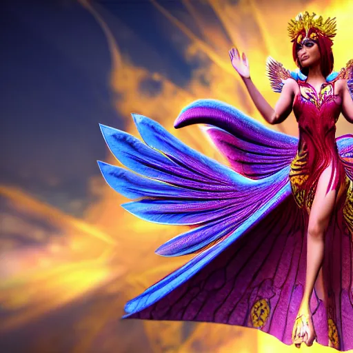 Image similar to a beautiful orchid phoenix angel woman, in an ornamented dress with large wings, photorealism, unreal engine, volumetric light, god rays, 8 k high resolution, rubies