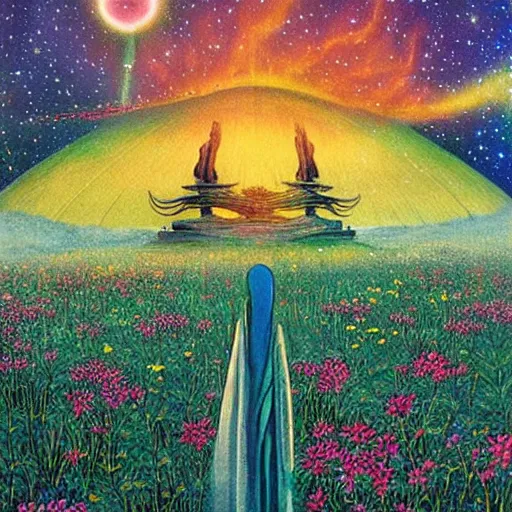 Prompt: a beautiful painting of a large alien shrine shrouded by mystic nebula magic in a field of flowers by moebius