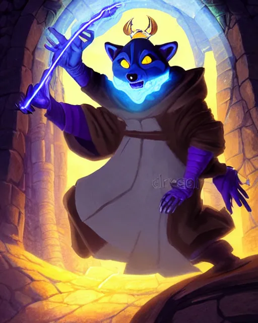 Prompt: closeup, highly detailed digital illustration portrait of hooded priest sorcerer druid necromancer sly cooper rocket the raccoon casting a magical energy sparkling swirling blue glowing spell in an ancient castle, action pose, d & d, magic the gathering, by rhads, frank frazetta, lois van baarle, jean - baptiste monge, disney, pixar,