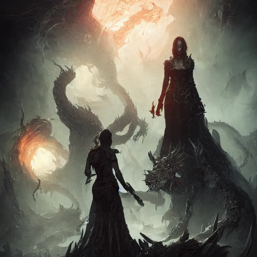 Image similar to a photorealistic rendering of # illustration a # megical # catalyst # queen in plague of dragons, # mist # horror # magic # spell, # digital 2 d, # sci - fi, # fututistic, by greg rutkowski