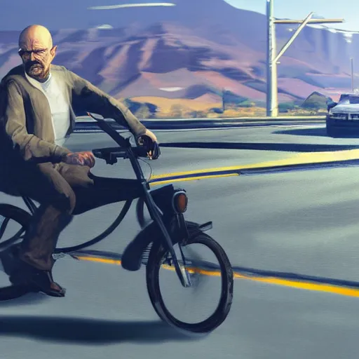 Image similar to walter white riding on a bike in gta 5 by greg rutkowski