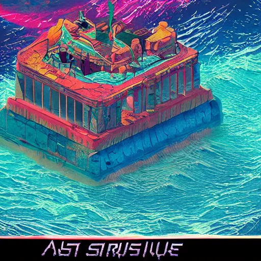 Prompt: ancient structure in the sea, retrowave epic art, trending on art station