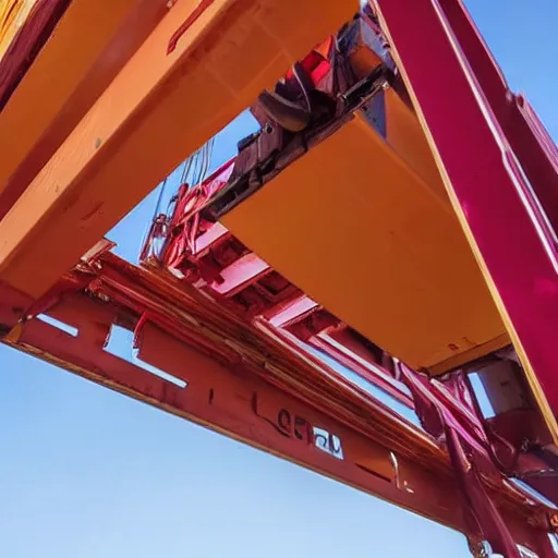 Image similar to high quality, digital photography of a crane lifting a container, shot from the ground, looking up, close shot, clear sky