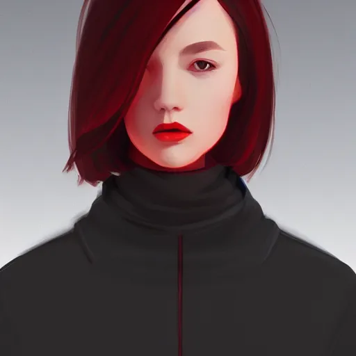 Image similar to girl in dark red turtleneck, black coat, elegant, 2d, ultra highly detailed, digital painting, smooth, sharp focus, artstation, portrait art by Ilya Kuvshinov