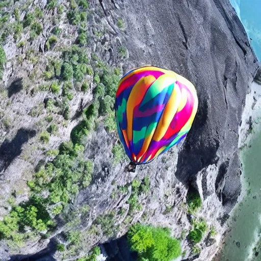 Prompt: a hairy dog with a large open balloon parachute jumping from a cliff. captured by a drone. wide camera. epic