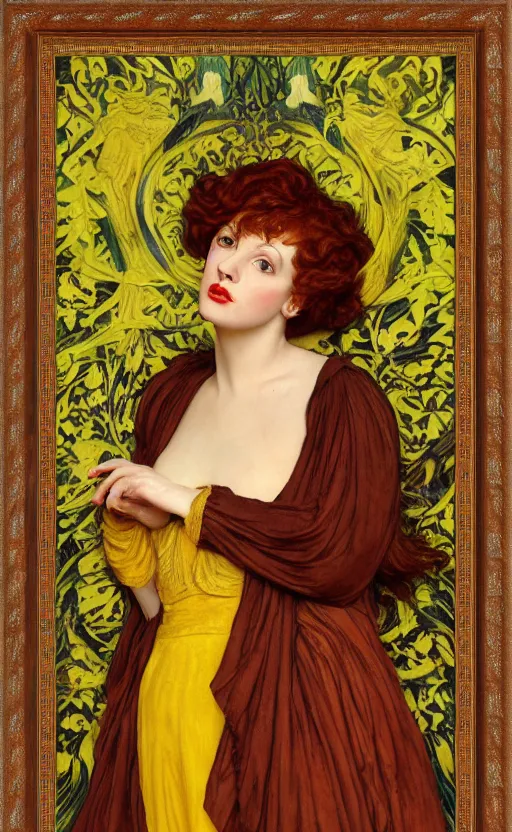 Prompt: preraphaelite full body portrait photography masterpiece hybrid of judy garland and florence welch, reclining, brown hair fringe, yellow ochre ornate medieval dress, kilian eng and william holman hunt, frederic leighton, ford madox brown, william morris, framed, 4 k