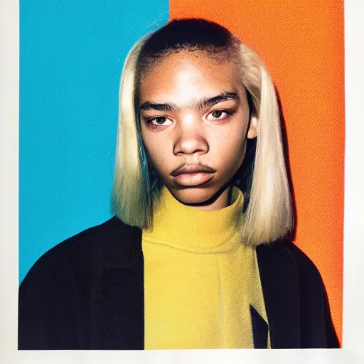 Image similar to risograph print of a new balenciaga lookbook, color film photography, blonde woman, photo in style of tyler mitchell, 3 5 mm,