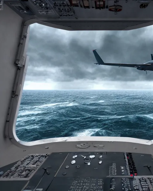 Prompt: view from an aircraft carrier of stormy seas, stormy weather, unreal engine, hyper realism, realistic shading, cinematic composition, realistic render, octane render, detailed textures, photorealistic, ultrawide shot, 16mm lens