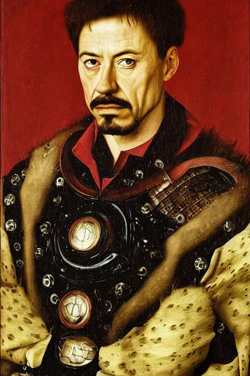 Prompt: portrait of tony stark, oil painting by jan van eyck, northern renaissance art, oil on canvas, wet - on - wet technique, realistic, expressive emotions, intricate textures, illusionistic detail