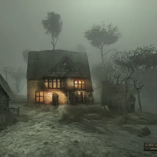 Image similar to Village, horror, fog, foster, highly detailed, game, one house, fear, hyper realistic, atmospheric lighting