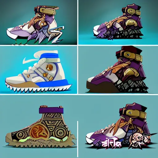 Image similar to fantasy anime jrpg sneaker design designed by studio ghibli, chrono trigger guilty gear style, aztec mayan street fashion native punk sneaker design, hip hop sneaker design with subtle mayan patterns, gapmoe yandere grimdark, trending on pixiv fanbox, painted by greg rutkowski makoto shinkai takashi takeuchi studio ghibli, akihiko yoshida