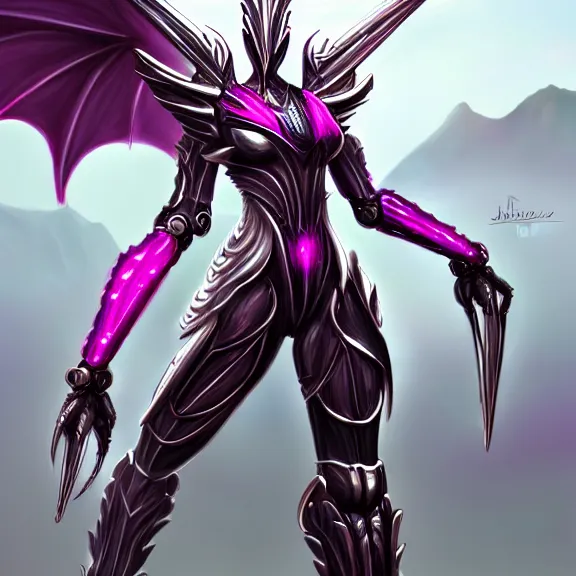 Prompt: extremely detailed fanart of a goddess that's a giant beautiful anthropomorphic robot female dragon, standing majestically over mountains, elegant pose, shiny silver metal armor, fuchsia skin below the armor, sharp metal claws, warframe fanart, high quality digital art, furry art, furaffinity, DeviantArt, 8k HD