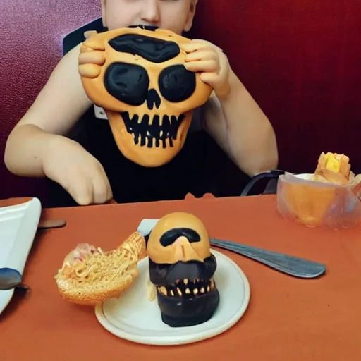 Image similar to the death eating his hamburger in a restaurant, modeling clay style