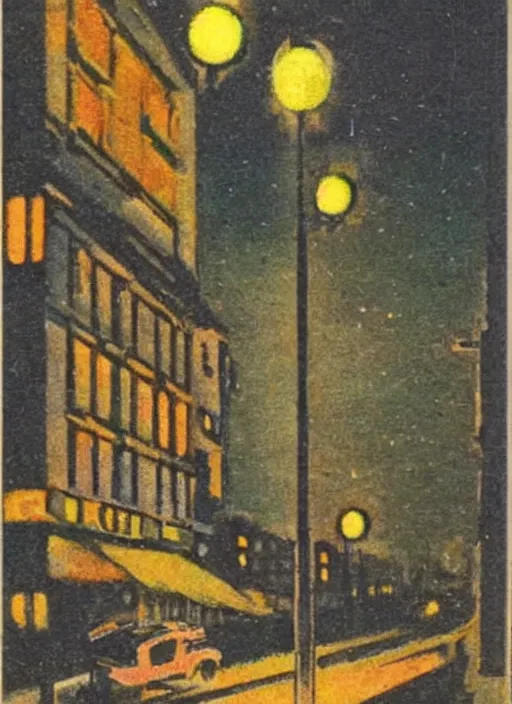 Prompt: 1920s art deco by Tito Corbella, a small downtown cityscape lights up the night by James Gatsby and by Wilfred Jenkins, vintage postcard