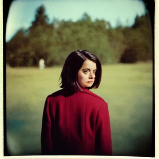 Image similar to polaroid of clara oswald looking over her shoulder, color 3 5 mm