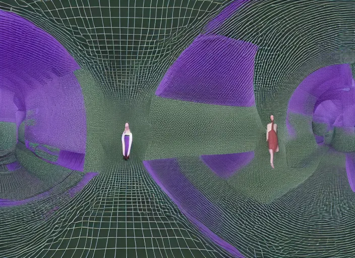 Prompt: vfx surreal 3 d portrait of alice from wonderland walking into a non - euclidean and infinite tunnel of evanescent hallucinatory images in endless mirrors that temporarily cling to a virtual node of experience called the self in an illusion called spacetime, hyperdetailed, octane render, nvidia raytracing demo