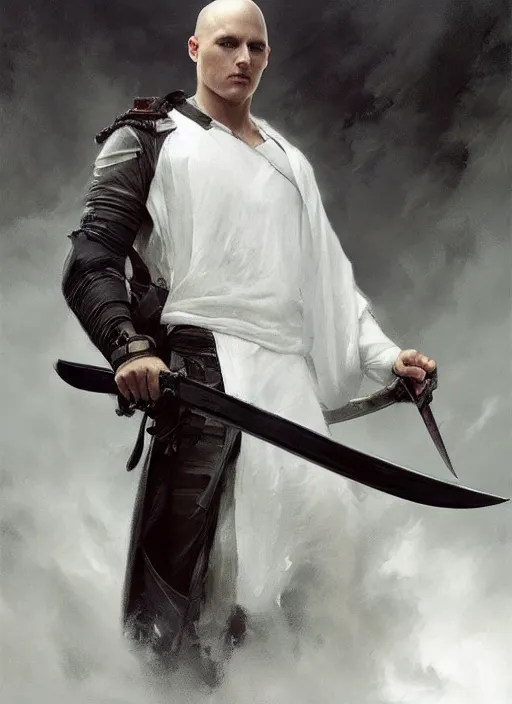 Prompt: a young man with wide, intense eyes. he is bald and clean shaven, dressed entirely in white and holding a huge sword. painting by greg rutkowski and raymond swanland