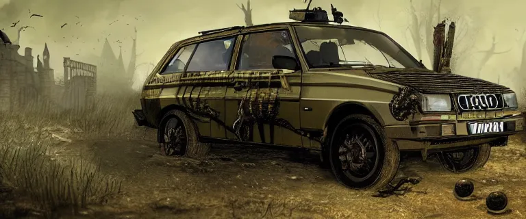 Image similar to Armored and Armed Military Audi 80 B3 Avant (1988) with a mounted M249, Dark Souls 3, Eldritch Horrors, Wretched and Corrupted Knights, a grim fantasy, Anor Londo, dramatic lighting, cinematic, establishing shot, extremely high detail, photorealistic, cinematic lighting, artstation, by simon stalenhag