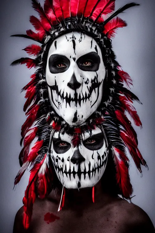 Image similar to the ghost - spirit of the grim - warpaint wears the scarlet skull armor and native blood headdress feathers, midnight fog - mist!, cinematic lighting, various refining methods, micro macro autofocus, ultra definition, award winning photo