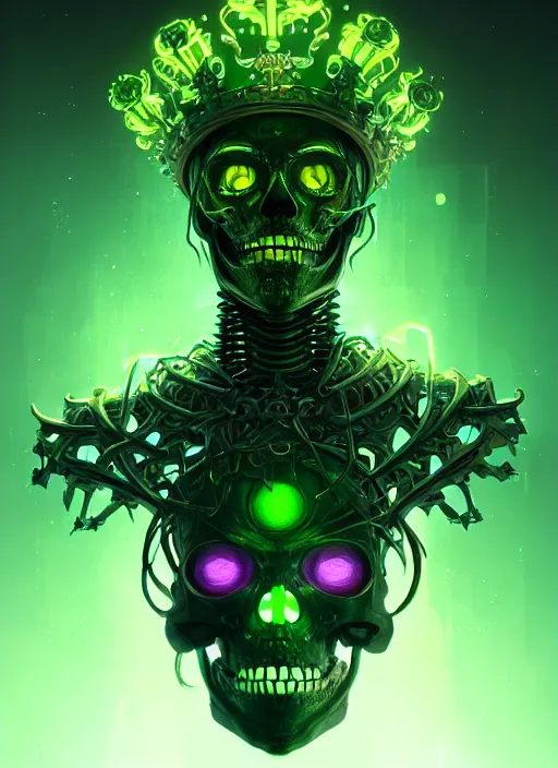 Image similar to portrait of a cyber skeleton, holding a glowing green crown of phantasmal swords, intricate, glowing lights, highly detailed, digital painting, artstation, concept art, smooth, sharp focus, illustration, art by wlop, mars ravelo and greg rutkowski