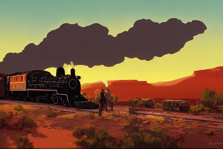 Image similar to idyllic old western train station illustration by syd mead, artstation, 4 k, graphic novel, concept art, matte painting, steam engine spewing billowy clouds of steam, beautiful mountain desert sunset background, golden hour