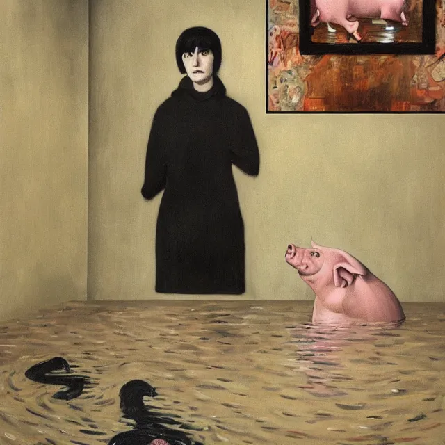 Prompt: tall female emo artist holding a pig in her flooded bathroom, water gushing from ceiling, painting of flood waters inside an artist's bathroom, a river flooding indoors, pomegranates, pigs, ikebana, zen, water, octopus, river, rapids, waterfall, black swans, canoe, berries, acrylic on canvas, surrealist, by magritte and monet