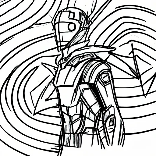 Image similar to simple quick pencil sketch storyboard, a man wearing futuristic sleek gauntlets, chest piece and helmet powers up as pulsing lines of energy swirl around him