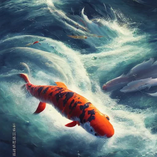 Image similar to subsurface scattering, white, giant submarine, koi colors, koi not shown, octane render, jesper ejsing, justin gerard, james jean, tomasz alen kopera, cgsociety, fenghua zhong, makoto shinkai, highly detailed, rim light, art, cinematic lighting, very coherent, hyper realism, 8 k