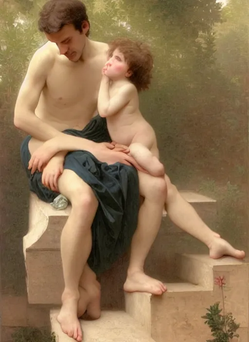 Prompt: Emmanuel Macron In the style of william adolphe bouguereau, Barefoot