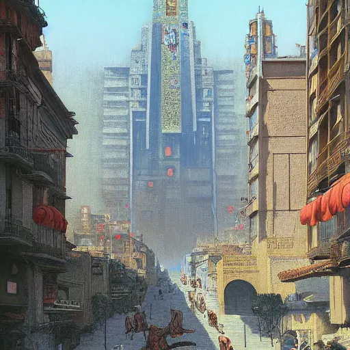 Image similar to art deco streets of the Undying Empire city of ya-Sattra during the Festival of Masks, award-winning realistic painting by Beksinski, Bruegel, Greg Rutkowski, Alphonse Mucha, and Yoshitaka Amano