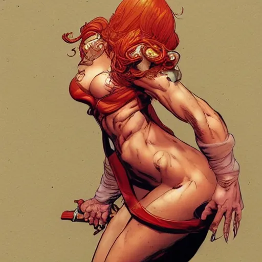 Image similar to a beautiful comic book illustration of a pretty red-headed woman by Jerome Opeña, featured on artstation