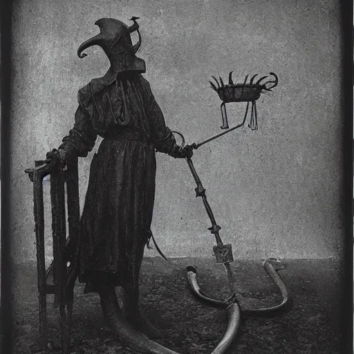 Image similar to wet plate photo, plague doctors in the mist with weird rube goldberg machines, minimalist, joel peter witkin, heironymus bosch, gustave dore, beksinski, giger'