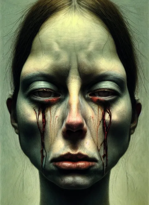 Image similar to there is ugliness in beauty, but there is also beauty in ugliness detailed portrait painting inspired by beksinski and alex gray, accurate anatomy, haunting cinematic photography, vintage grain, by jenny saville, trending on artstation. 8 k