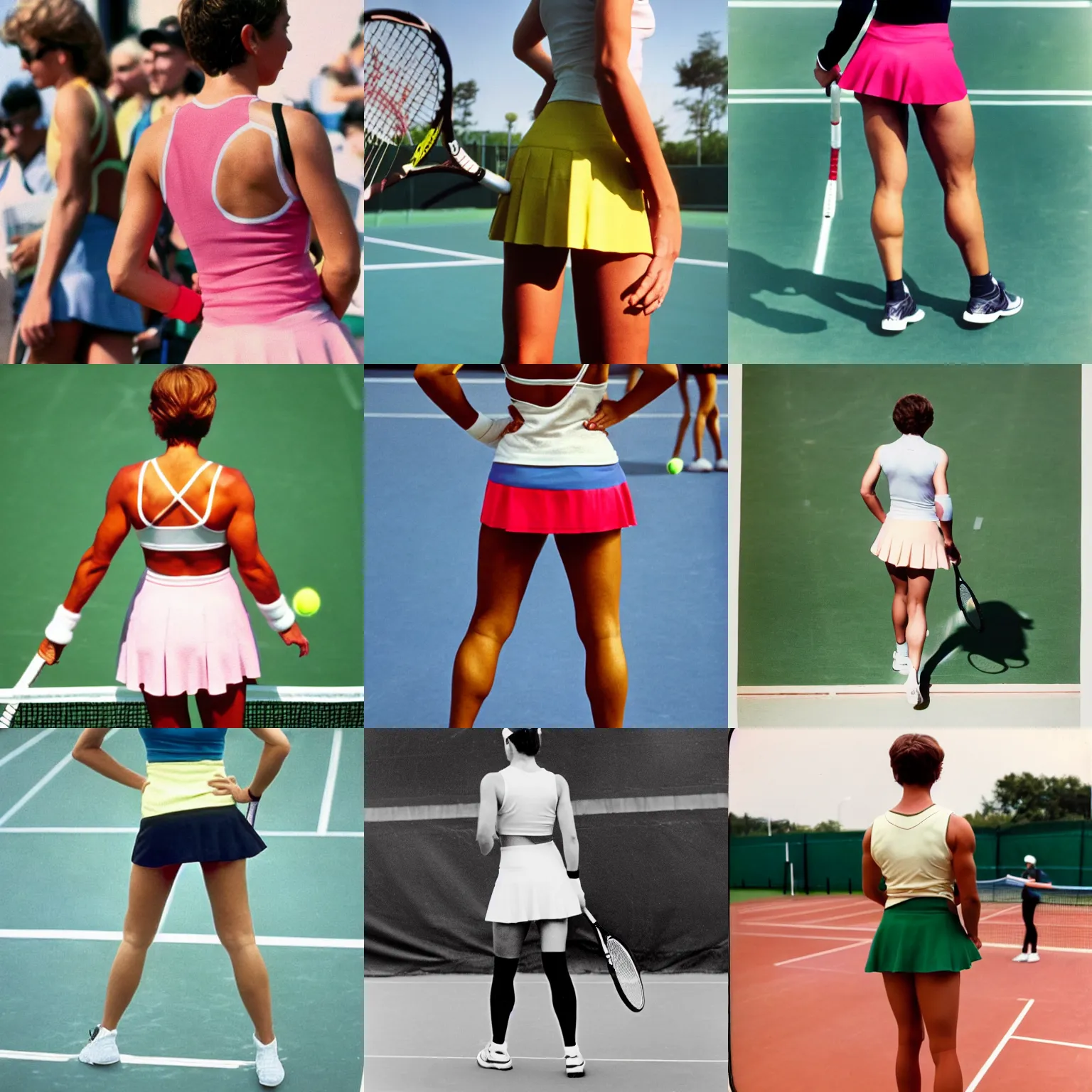 Prompt: A muscular woman, tennis wear, mini-skirt, short hair, tights, ; the tennis coat, summer; 90's professional color photograph, close up, view from behind.