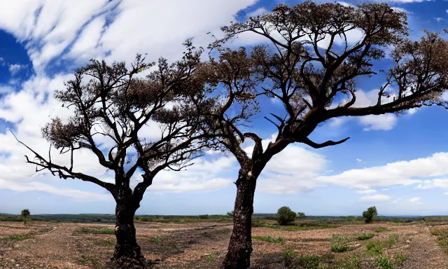 Image similar to panorama of big raindrops flying upwards into the perfect cloudless blue sky from a dried up river in a desolate land, dead trees, blue sky, hot and sunny highly-detailed, elegant, dramatic lighting, artstation, 4k, cinematic landscape, photograph by National Geographic