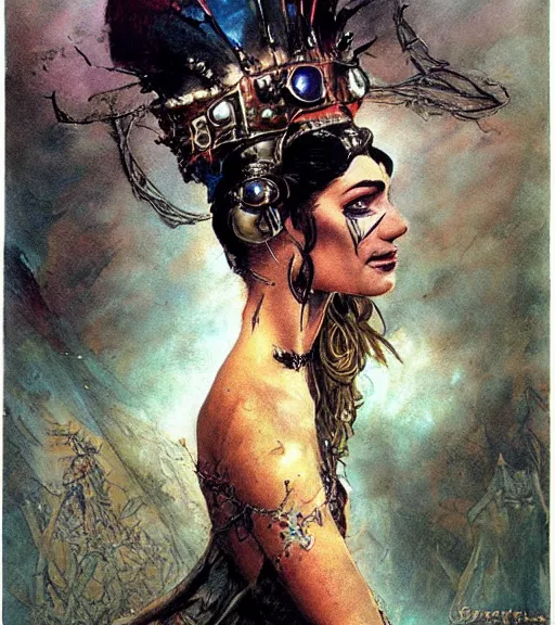 Image similar to empress of the wasteland, scrap metal headdress, strong line, deep color, high contrast, beautiful! coherent! by brian froud, by frank frazetta, low angle