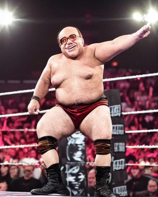 Image similar to portrait of danny devito as a wwe wrestler. photographic, photography