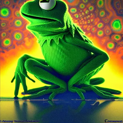 Image similar to transcendent kermit the frog, psychedelic indigo honey flowing like kaleidoscopic translucent amber, lsd waves, honey ripples, enlightenment, dramatic professional lighting, refracted sunset lighting, highly detailed, concept art, art by collier, albert aublet, krenz cushart, artem demura, alphonse mucha