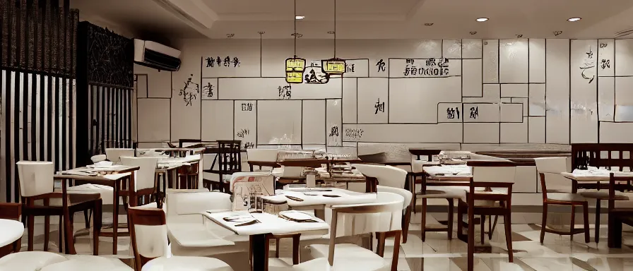 Image similar to a beautiful simple interior 4 k hd wallpaper illustration of small roasted string hotpot restaurant restaurant pagoda hill, wall corner, from china, wallpaper with pagoda and mountain and white tile floor, rectangle white porcelain table, black chair, fine simple delicate structure, chinese style, simple style structure decoration design, victo ngai, 4 k hd