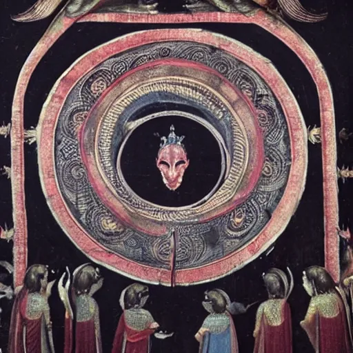 Prompt: In front of the throne there was also something that was transparent like glass, and that looked like a sea. In the center of the circle, around the throne, were four living beings who had eyes all over their bodies, in front and behind.