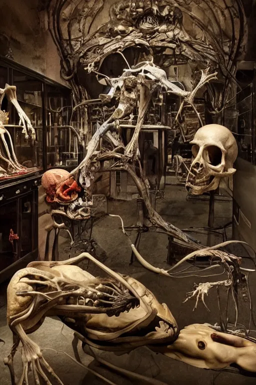 Image similar to inside a museum, a room where anatomical body parts are piece of arts by Rob Bottin, filth and grim, very detailed, ultra realistic photography