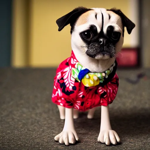 Prompt: a volatile pugalier wearing a hawaiian shirt, living in the city, disney character, cartoonish, claymation, photo by wes anderson