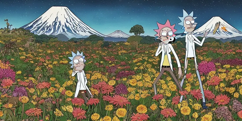 Prompt: Rick and morty in a Field of mixed flowers, Mount Fuji blurred in the background, good news on Sunday, HR Giger style , XIXth century painting with gold frame