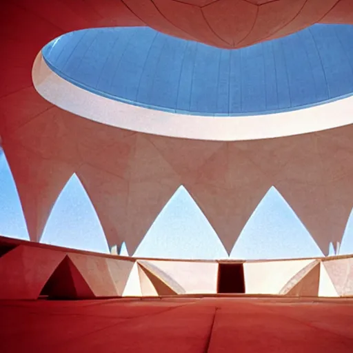 Image similar to interior of a futuristic lotus temple with gold, red and white marble panels, in the desert, by buckminster fuller and syd mead, intricate contemporary architecture, photo journalism, photography, cinematic, national geographic photoshoot