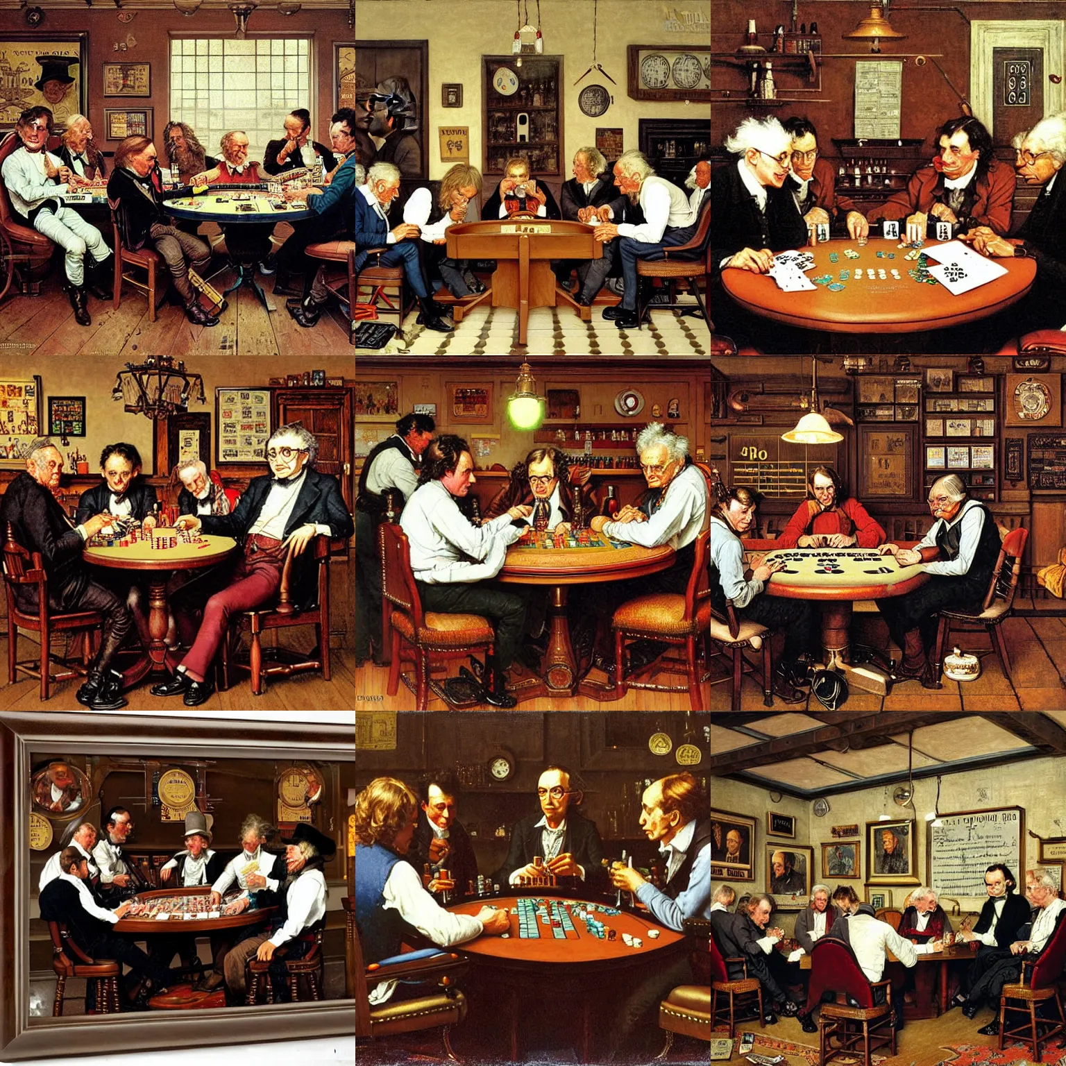 Prompt: poker players in the saloon, featuring isaac newton and stephen hawking and einstein by norman rockwell