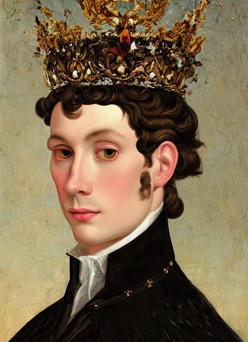 Prompt: close-up portrait of anthropomorphic Prince with a head of barn owl, in a crown, bokeh, blurred space, stars, dreamy, romantic, painting in the museum, highly detailed, sharp focus, digital painting, artwork, by John James Audubon by Victor Adame Minguez by Yuumei by Tom Lovell by Sandro Botticelli