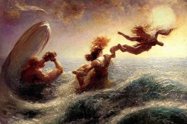 Image similar to painting of a mythical hero crossing the ocean on a small boat fighting a humanoid personification of a wave. a personification of the moon overlooks the fight. art by gaston bussiere.