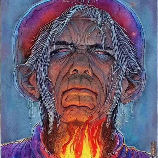 Image similar to very very very old shaman burns from the inside out, old gray haired mexican mage fire from inside, close his eyes with no pain, watercolor ink painting, in the style of jean giraud, in the style of moebius trending on artstation deviantart pinterest detailed realistic hd 8 k high resolution