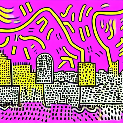 Image similar to asheville skyline, digital art, keith haring style